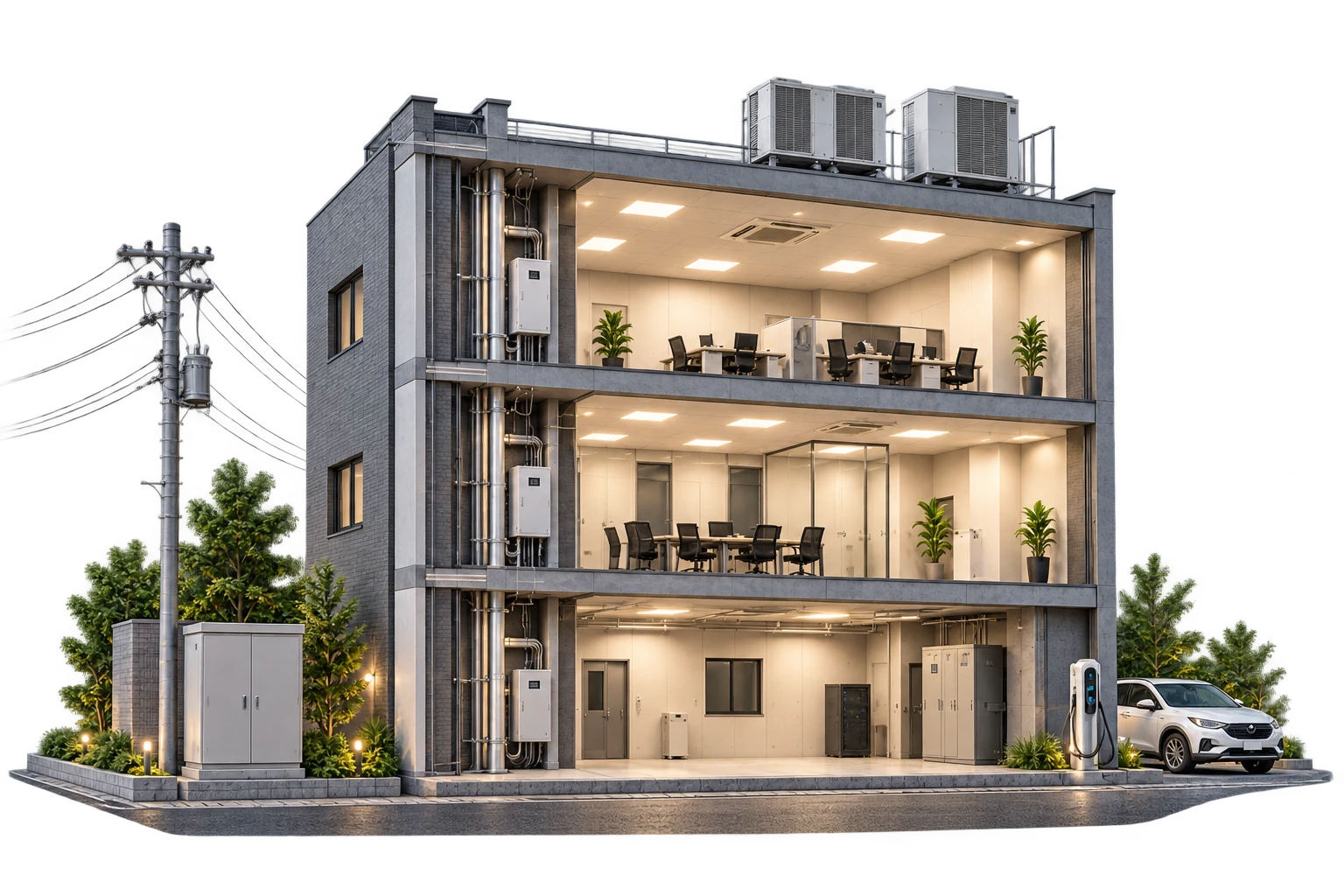 3階建ての建物の断面イメージ。屋上に空調機、各階に照明と分電盤、建物の左に受変電設備、右にEV充電器があります。